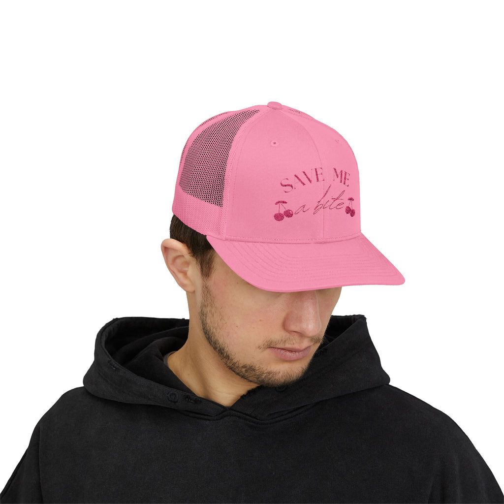Save Me a Bite Trucker Cap — Cute Cherry Embroidered Snapback