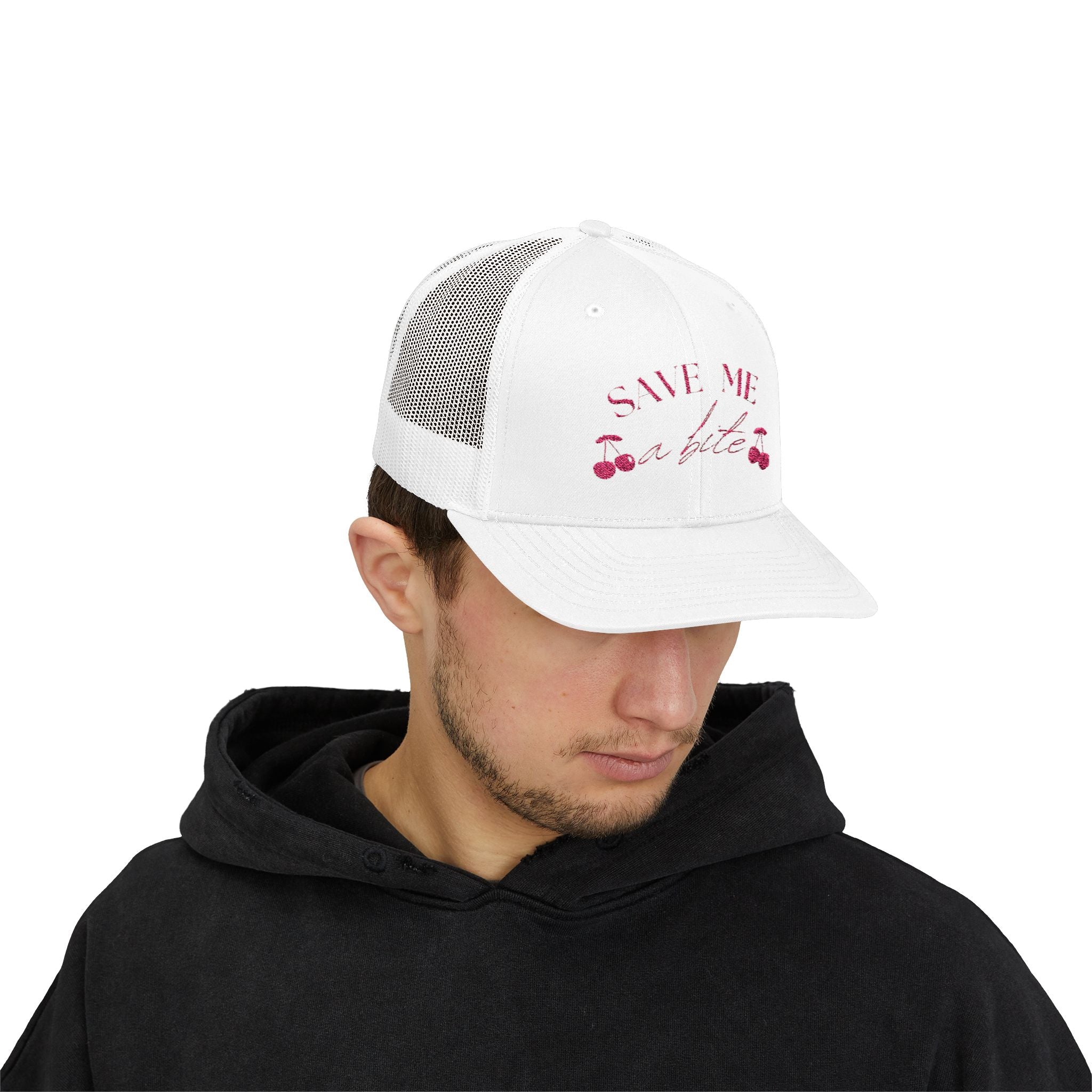 Save Me a Bite Trucker Cap — Cute Cherry Embroidered Snapback