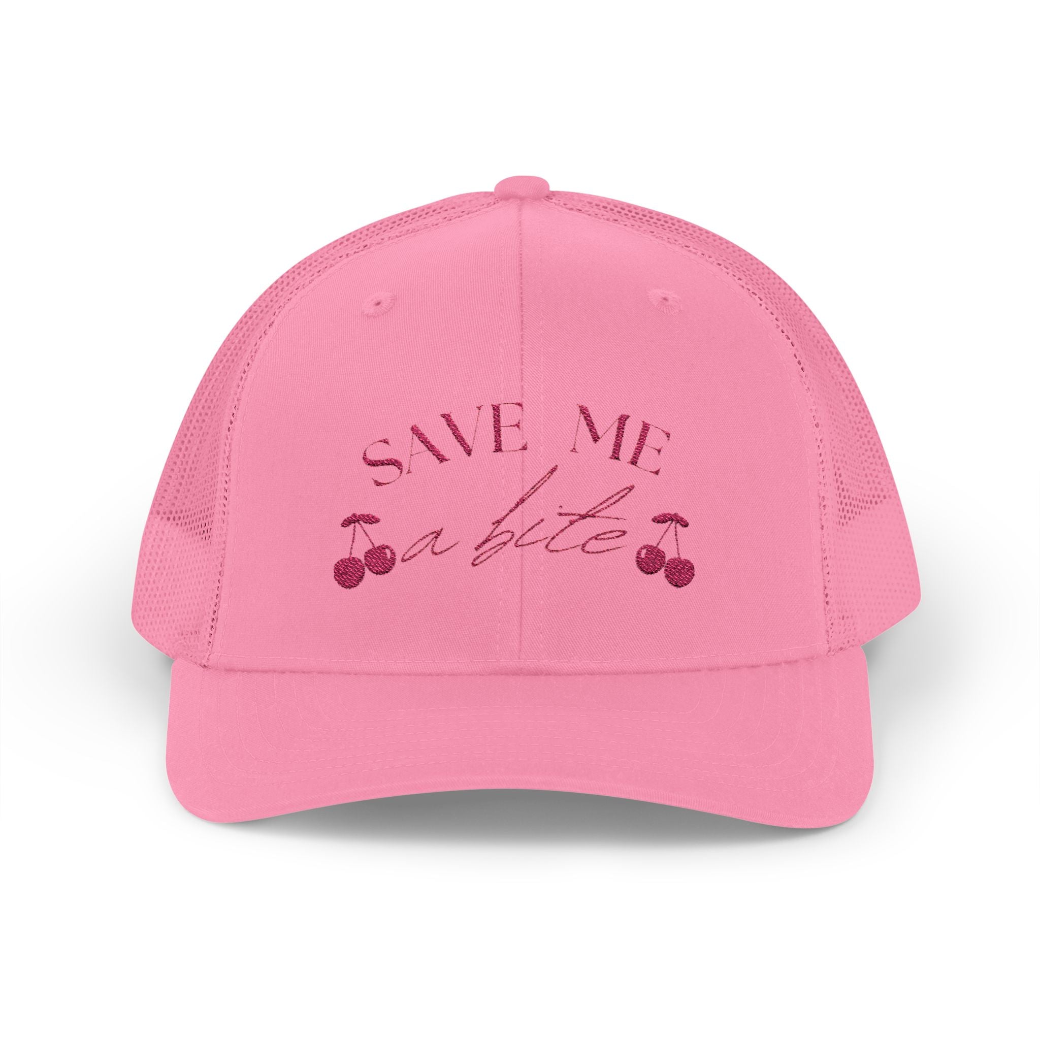 Save Me a Bite Trucker Cap — Cute Cherry Embroidered Snapback