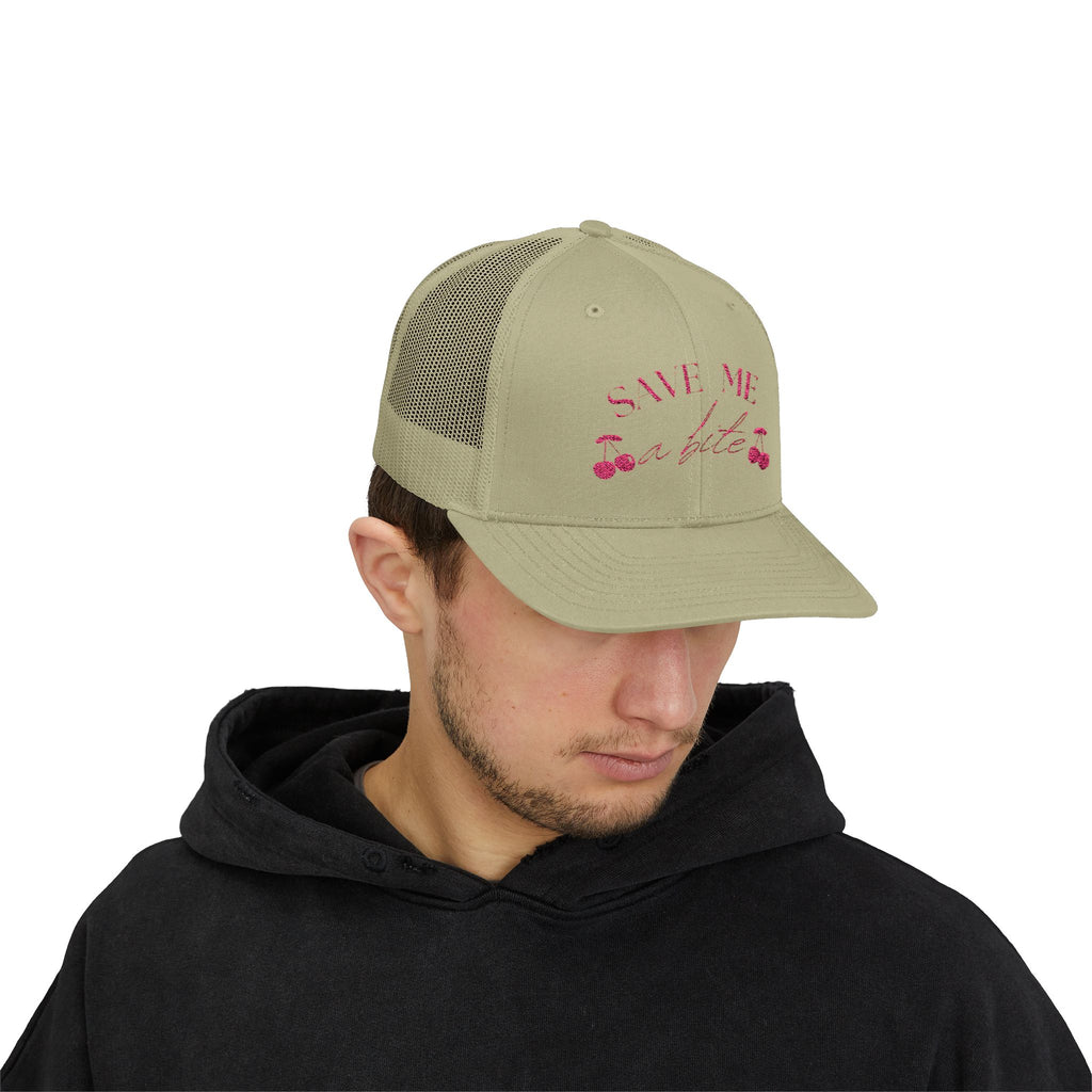 Save Me a Bite Trucker Cap — Cute Cherry Embroidered Snapback